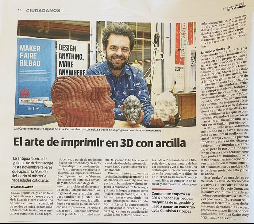 ESPACIO_OPEN's tweet photo. Durante @MakerFaireBio este fue el reportaje de las creaciones hechas con la impresora 3D de #Jetclay en @elcorreo_com Mila esker!
#zorrotzaurre #zorrozaurre #deustukoerribera #MakerFaireBilbao #FabLabBilbao #fabLabs https://t.co/tbfUSYgVDI