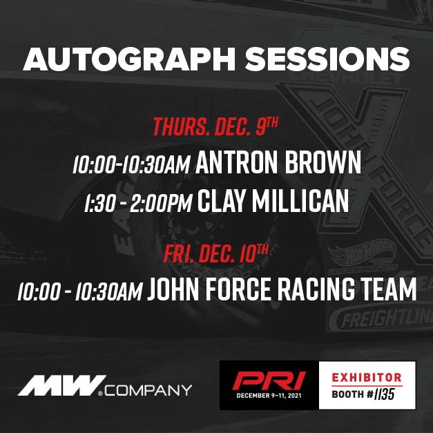 MWCompanyOffic's tweet photo. The Performance Racing Industry Trade Show starts today, and we are excited to reveal that Antron Brown, Clay Millican, and the John Force Racing Team will be at our booth for autograph signings! Stop by Booth #1135 to grab an autograph from a few of the top dogs in the NHRA! https://t.co/WL2QrG2DHk