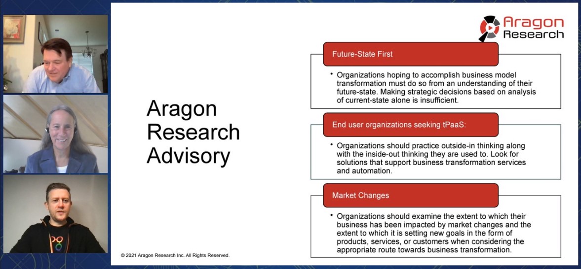 SnapLogic's tweet photo. Insightful closing remarks from Jim Lundy and Betsy Burton at @AragonResearch1 on the shift from iPaaS to tPaaS #EASY21 https://t.co/g4JGdCfBco