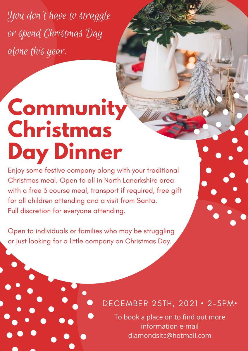 Community Christmas Dinner Day

Please share and RT for anyone that might need a Community Christmas Dinner.