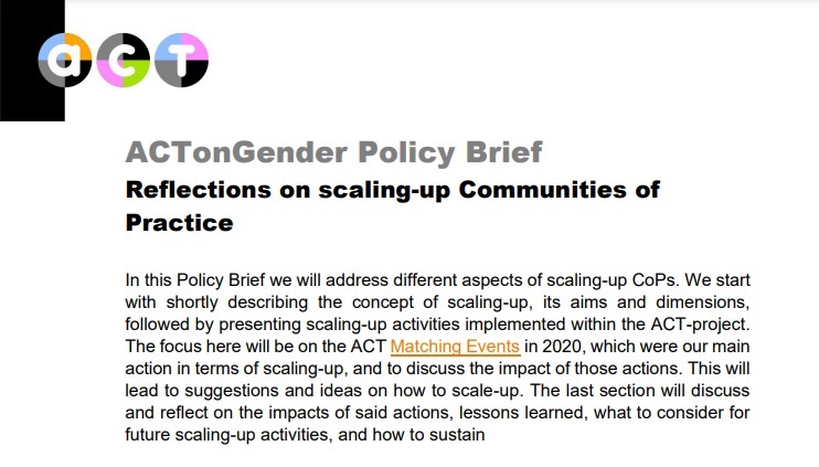 ACTonGender's tweet photo. To strengthen and scale-up the #CommunitiesOfPractice, #ACTonGender developed a support scheme with a coordination group per #GenderEquality ERA priority.

📄✨Read the #PolicyBrief:
https://t.co/0bRRMR27ds

By: @KathrinRabsch &amp; @ClaartjeJV with ACT #facilitators

#OurACTonGender https://t.co/nOqGNBjOYp