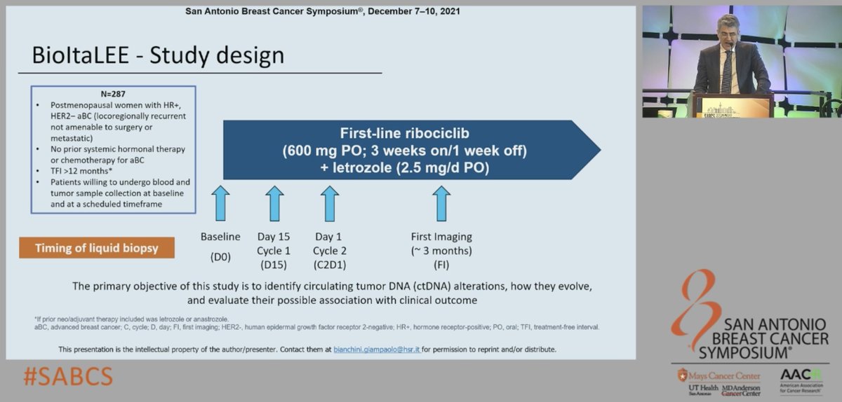 matteolambe's tweet photo. General session 3 at #SABCS21: super 2nd oral presentation by the great @BianchiniGP of #BioItaLEE trial showing prognostic value and dynamics of #ctDNA in #HR+/#HER2- advanced #BreastCancer patients treated with 1st line #ribociclib and #letrozole
@OncoAlert #bcsm #ItalianPride https://t.co/DRB2DW96BJ