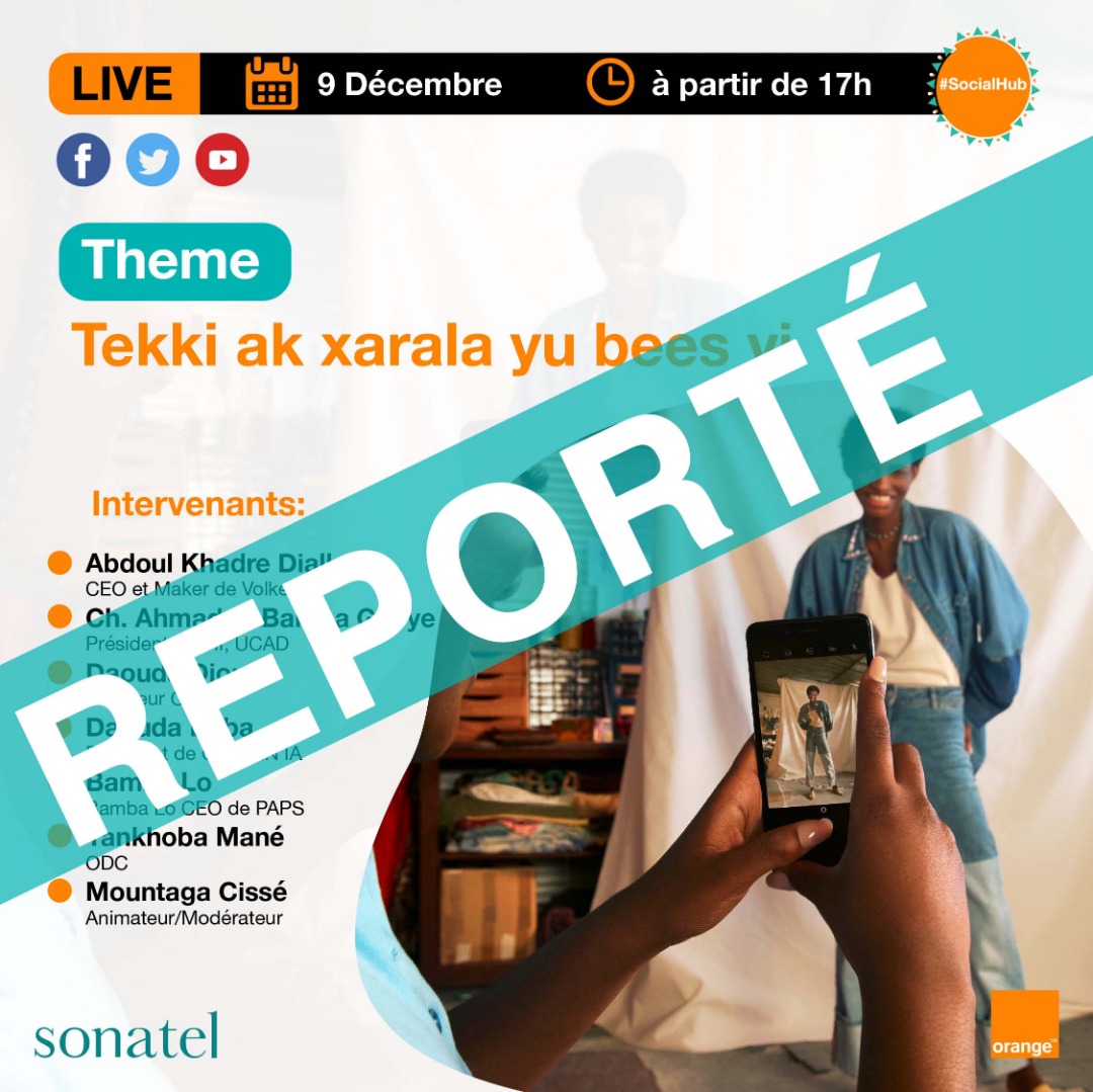 Suite une contrainte de dernière minute, le Live prévu ce jour à 17h sur la thématique "réussir avec les nouvelles technologies" est reporté à une date ultérieure.  
Nos sincères excuses.
#OrangeDigitalCenter
#TekkiCiTech
#LiveSocialHub