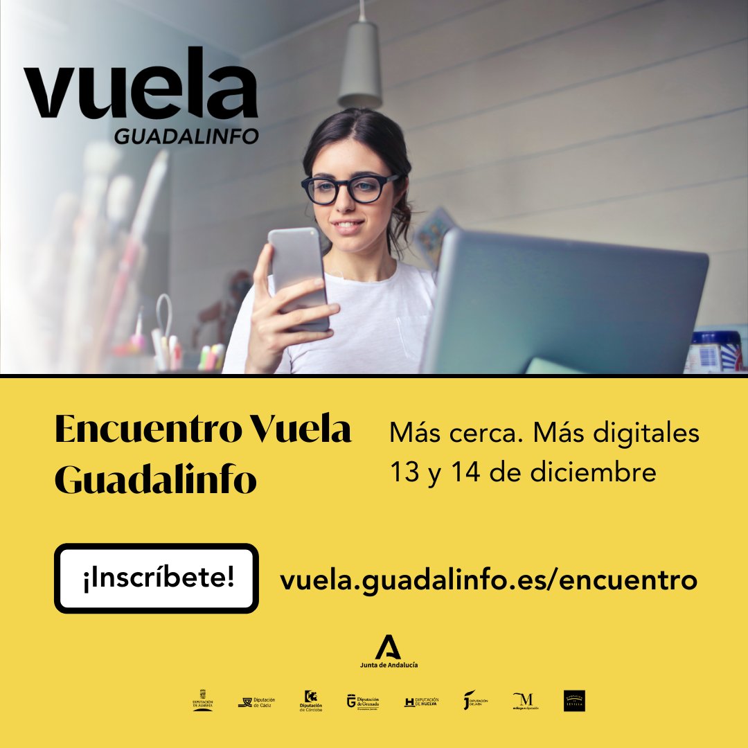 PuntosVuela's tweet photo. 🗓️13 y 14 dic. 
Llega el Encuentro Vuela Guadalinfo: Más cerca. Más digitales. 🙌🙌
Inscríbete ahora y descubre las claves de la revolución digital de #Andalucía (pueblo a pueblo y barrio a barrio) más útil, fácil, completa y humana 👉https://t.co/BLFqhruAZP #VuelaGuadalinfo21 https://t.co/cKkBKXyGVM
