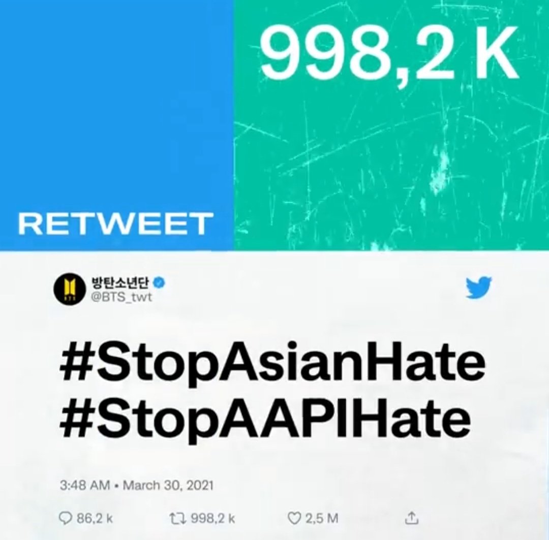 btschartsxdaily's tweet photo. 📊| @BTS_twt's tweet about " #StopAsianHate" was the Most Retweeted Tweet of 2021 !🌍 https://t.co/bWEIUmaXqO