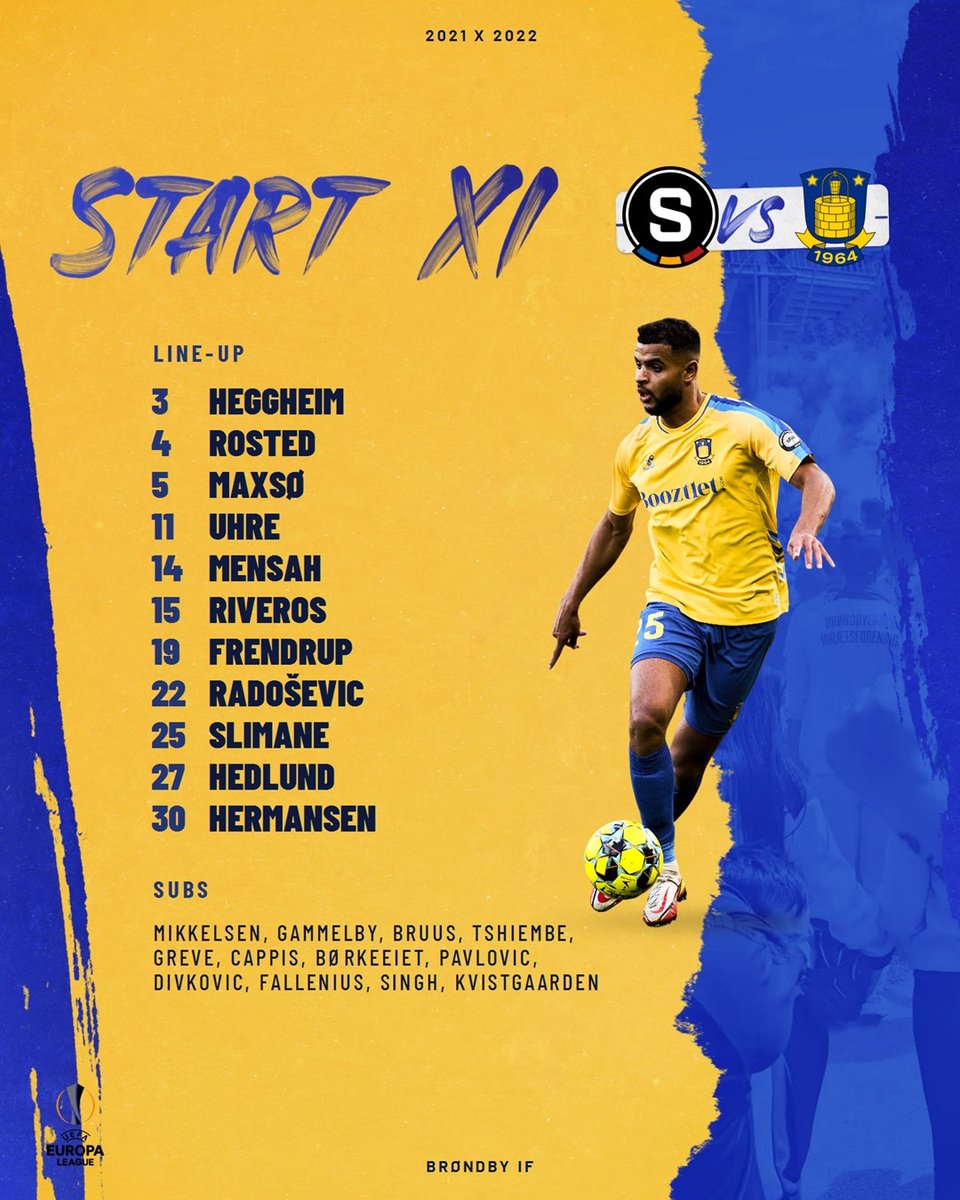 BrondbyIF's tweet photo. Aftenens startopstilling til den sidste og afgørende Europa League-kamp mod AC Sparta Prag er landet!💛💙 #Brøndby https://t.co/hYnQlyXOcs
