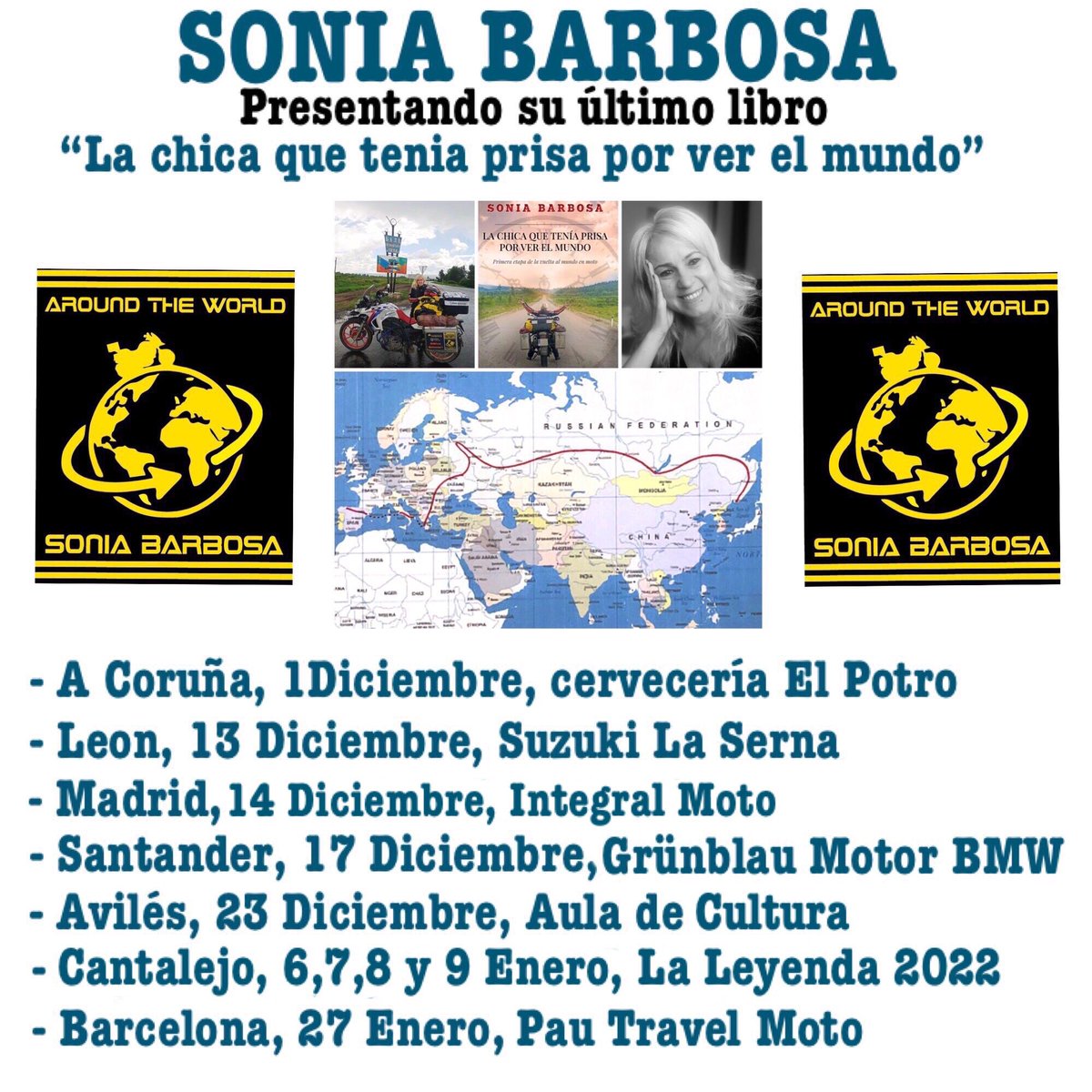 Próximas presentaciones de mi último libro "La chica que tenía prisa por ver el mundo"
#mujeresmoteras #viajarsola #vueltaalmundoenmoto