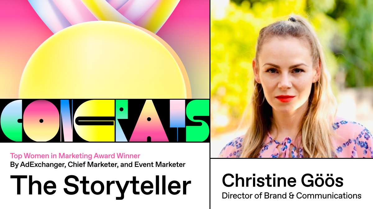 Congratulations <a href="/ChristineGoos/">Christine Göös</a>, our Director of Brand &amp; Comms, for being awarded as The Storyteller of the Year at the #TopWomenInMarketing Awards presented by <a href="/adexchanger/">AdExchanger</a>, <a href="/chief_marketer/">Chief Marketer</a>, &amp; <a href="/EventMarketer/">Event Marketer</a>. Bravo Christine! hubs.li/Q010z4J90