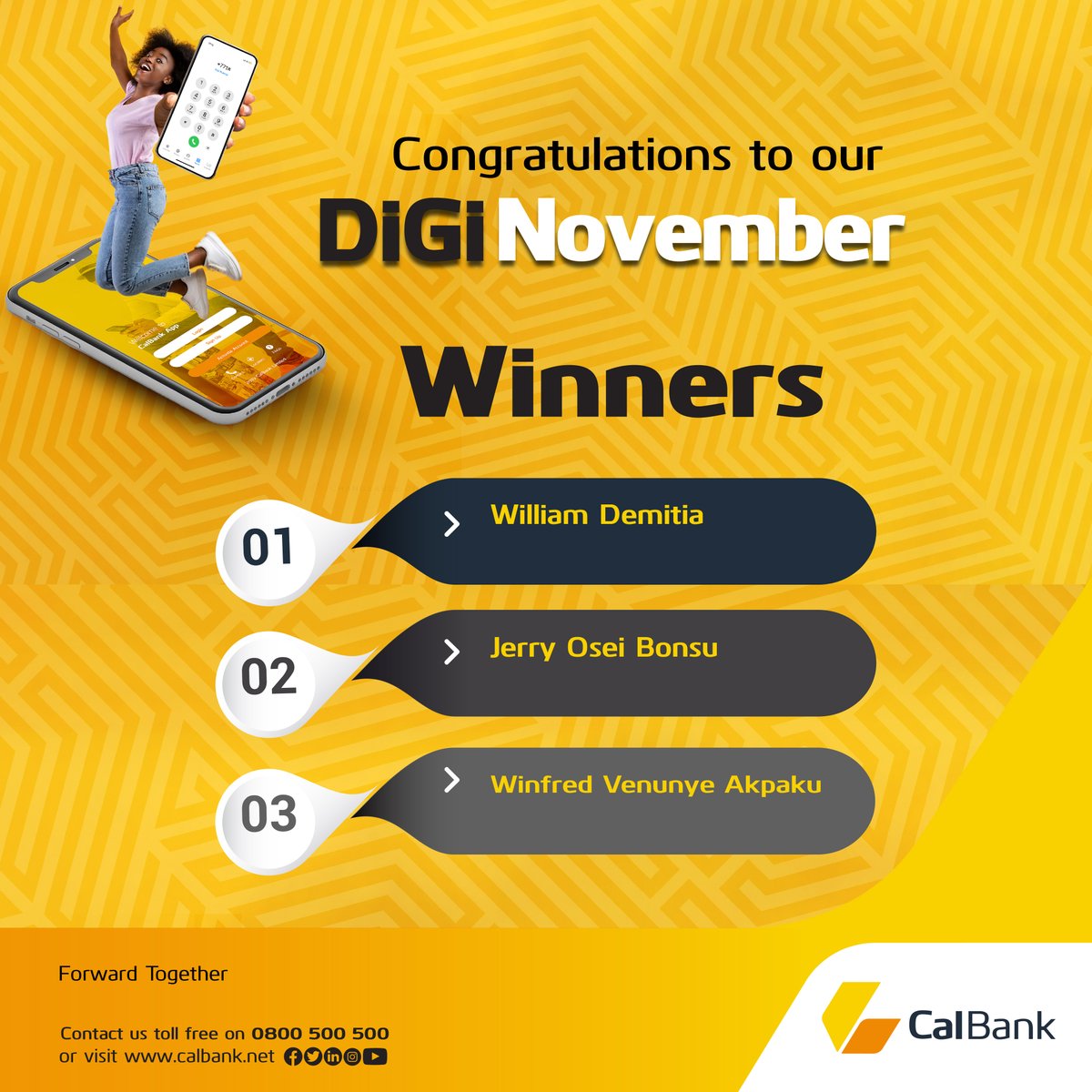 CalBankPLC's tweet photo. Join us to congratulate our winners in the 2021 DigiNovember Contest. It sure was keenly contest 🏵️ Keep following us to see what's in stock for you this season 😉 #DigiNovember #CalBankApp https://t.co/gN3zRXNZZH