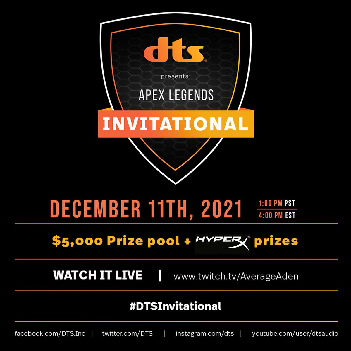 dts's tweet photo. T-minus 2 days until our Apex Legends Tournament with
@HyperX kicks off! Tune in this Saturday, Dec. 11th, 1pm PST at https://t.co/A09R1k8UkU with #DTSFreshmanClass @AverageAden to catch it live! See you there ๐ #DTSInvitational https://t.co/tkTnyw5OOD