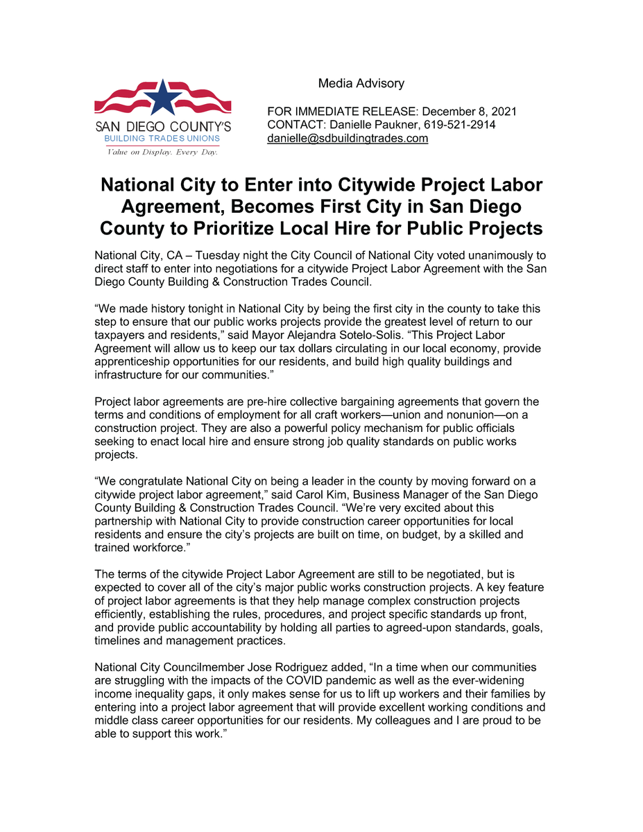 SD_BldgTrades's tweet photo. National City made history this week, entering into a citywide Project Labor Agreement by unanimous vote, becoming the first city in San Diego County to prioritize local hire for public projects! #YesPLA #UnionStrong #LocalHire #1u https://t.co/PRfC3jAZYT
