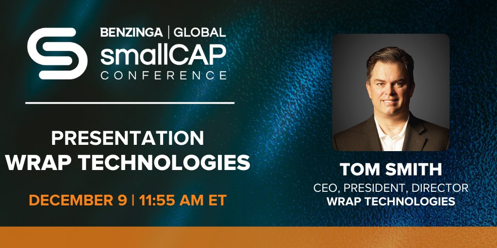 Benzinga's tweet image. UP NEXT: Tom Smith of @WrapTechInc $WRAP— Be sure to tune into the livestream NOW to learn about de-escalation solutions! Grab your FREE seat HERE hubs.ly/H0_Y6DP0 #BZSmallCap #stocks #trading #investing