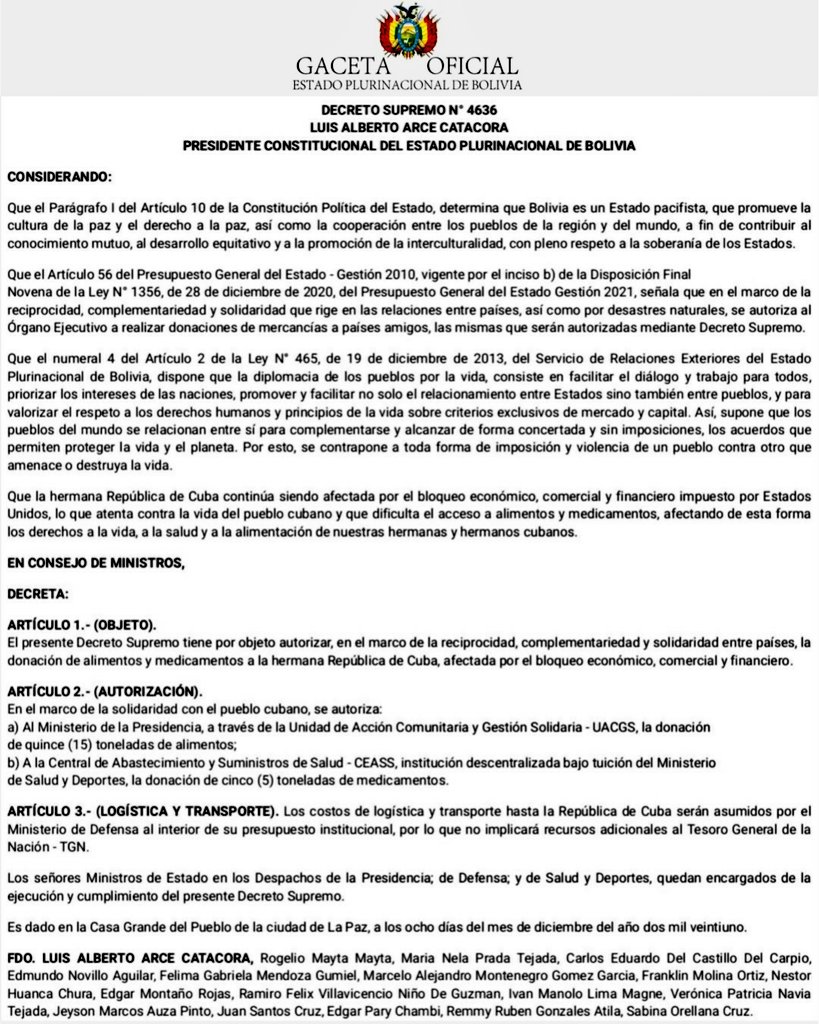 RogrGutierrez's tweet photo. Por decreto se autorizó el envío de 20Toneladas de alimentos y medicamentos a #Cuba
@MinPresidencia se encargará de donar los alimentos, los medicamentos se realizará mediante la #CEASS del @SaludDeportesBo y los costos de logística/transporte es responsabilidad de @mindefbolivia https://t.co/JqiHK59SN6