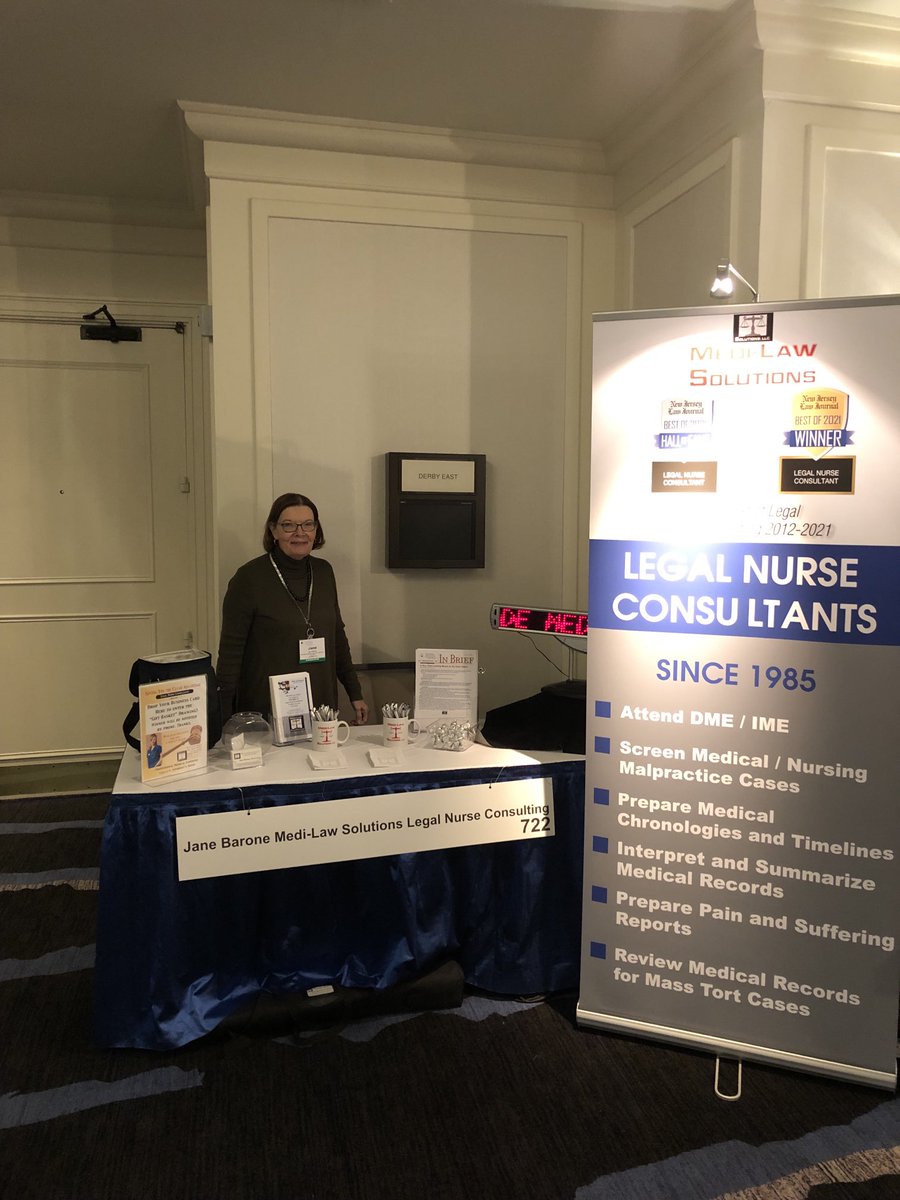 JaneBarone's tweet photo. #NJAJ #MeadowlandSeminar #medilawsolutions ⁦@JaneBarone⁩ stop by booth 722 to discuss your legal nurse consulting needs https://t.co/RYV1XsNMp6