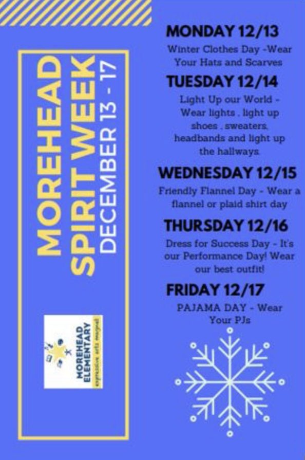 MrsWilson_Leads's tweet photo. @MoreheadStars last week before winter break is spirit week!  We cannot wait to see our Stars shine for each day’s theme. https://t.co/KJxE482yzH