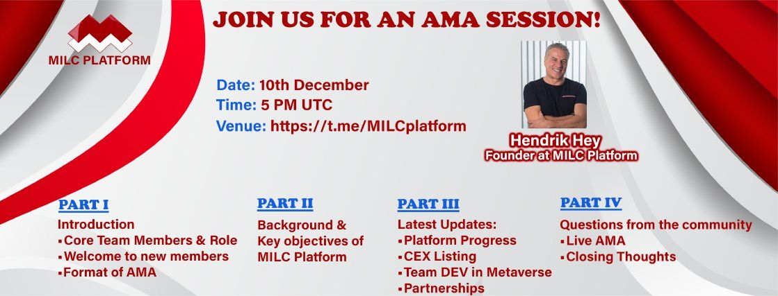 MILCplatform's tweet photo. Hello #MILCians!👋

📢 Get ready for an exciting #AMA session in our Telegram channel with our CEO, Hendrik Hey!😍🥳

🗓Date &amp; Time: 10th December, 5 PM UTC

📍Venue: https://t.co/MjsW7R0a34

✨Looking forward to an informative AMA session!🎉

#MILCplatform $MLT 🎬 https://t.co/Yb5RBBNf2A
