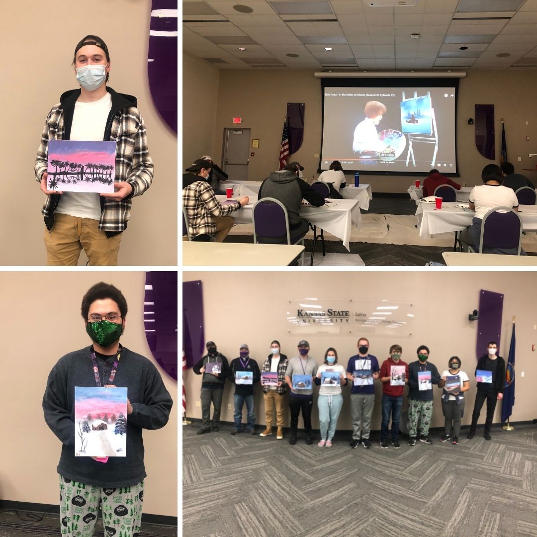 KSU_Salina's tweet photo. Several of our students created their own masterpiece at Bob Ross Painting Night. Students won prizes for categories including having a painting most similar to Bob's, best effort and most creative! 🎨🖌️

More fun apart of #StressFreeWeek before finals!

#KStateSalina #BobRoss https://t.co/QQTLJvsUPw