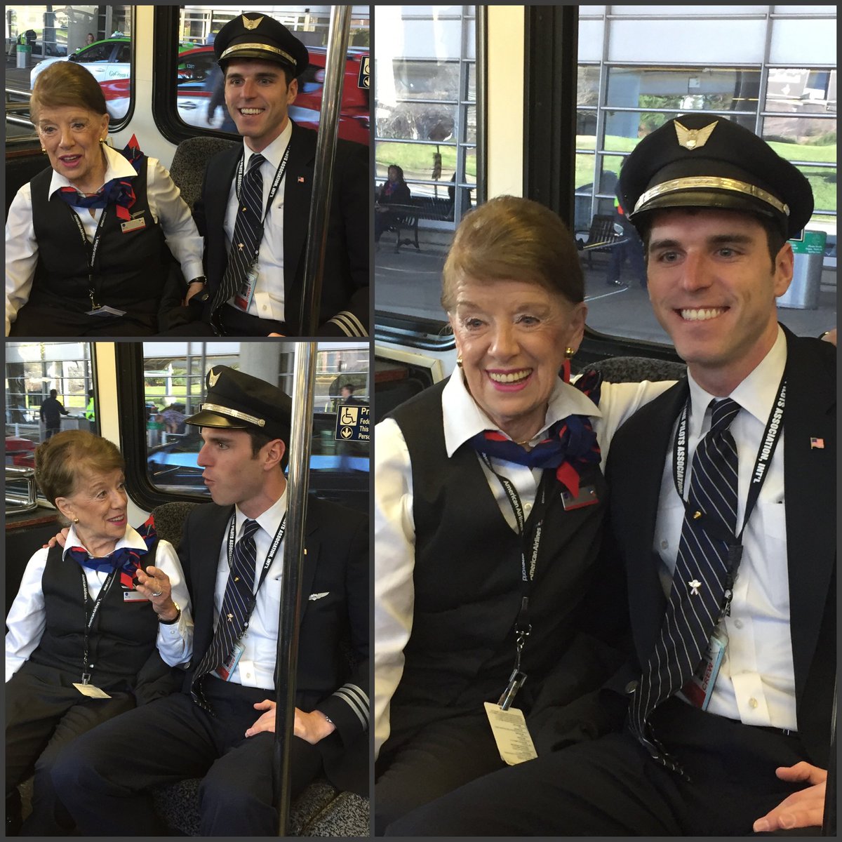 aawingsofficial's tweet photo. #throwbackthursday December 2016: A new pilot meets Bette Nash (#1 f/a at AA) on the employee bus in DCA. Starstruck much? Bette was a regular at Wings events in DCA and no doubt she will be there when our local fundraising events begin again! https://t.co/mr3HtScrzA