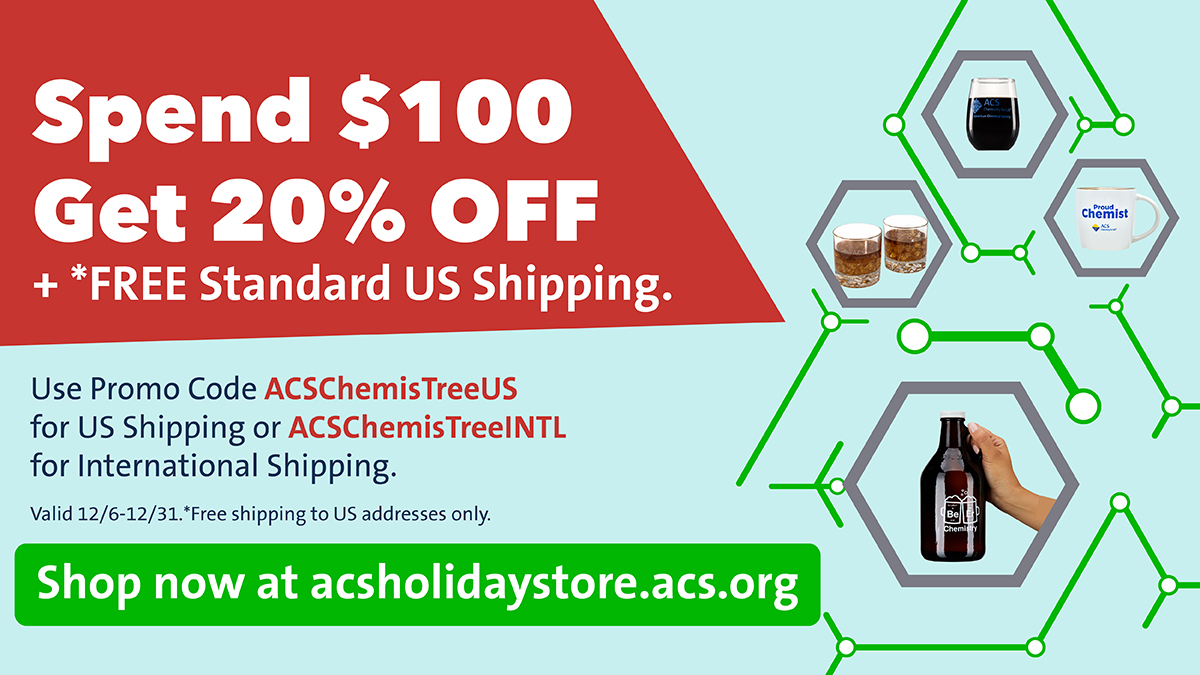 AmerChemSociety's tweet photo. 🍻 Fill the ACS Beaker Mug with your favorite solutions! Spend $100+, Get 20% OFF + *FREE Standard US Shipping! Promo Codes: ACSChemisTreeUS (US) or ACSChemisTreeINTL (International). Valid 12/6-12/31. Shop the #ACSStore at https://t.co/qlriPkQTNz
*Free shipping to US only https://t.co/5eHTpRR8YT