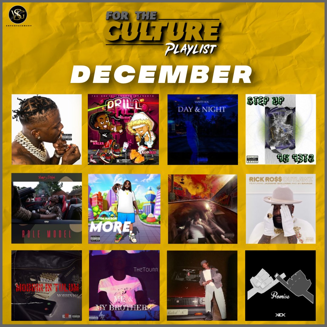 #ForTheCulturePlaylist - December 2021⁠

<a href="/dababy/">DaBABY 🇨🇦</a>
@saucewalka
<a href="/vanitysol/">Ashea 👑</a>
<a href="/toptier_music/">TT (TopTier)</a>
<a href="/youngdolph/">Paper Route Frank</a>
<a href="/JTdanaybor60/">God’s Grandson</a>
<a href="/moneybaggyo/">SPEAK</a>
<a href="/richforever/">Rich Forever</a>
<a href="/mobbin101_/">MOBBIN101</a>
<a href="/king_tjay/">Touri J</a>
@rokosinoel
<a href="/theycallmekidk/">Kid K</a>

Click link to listen
open.spotify.com/playlist/6DAAH…