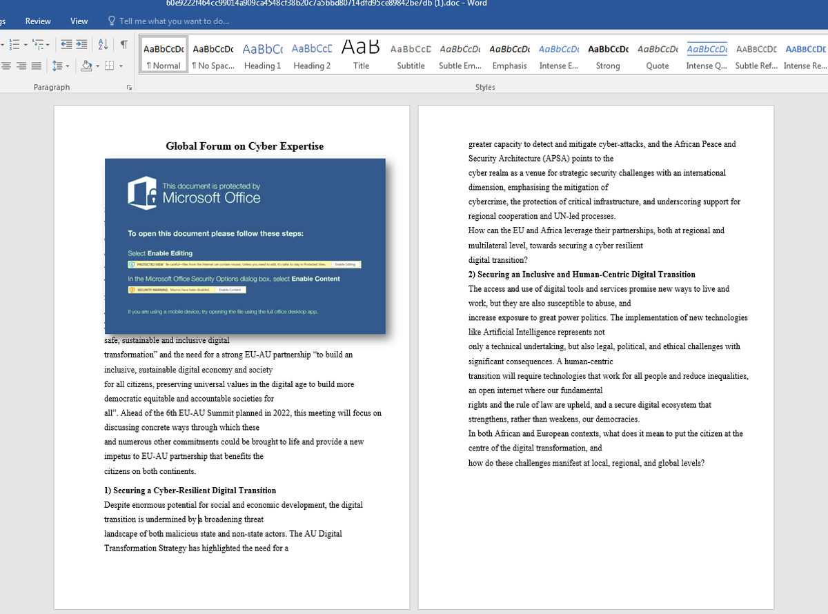 h2jazi's tweet image. These #maldocs look interesting! Was anyone able to get the remote templates?!

1ff24d73646d1958590e2bdba64f35de
Nord Stream2. Two sides of the one coin.docx

216f2c0db84ab3bdabcb11b9af2cc024
Global Forum on Cyber Expertise.docx

msdocumentviever[.]com
