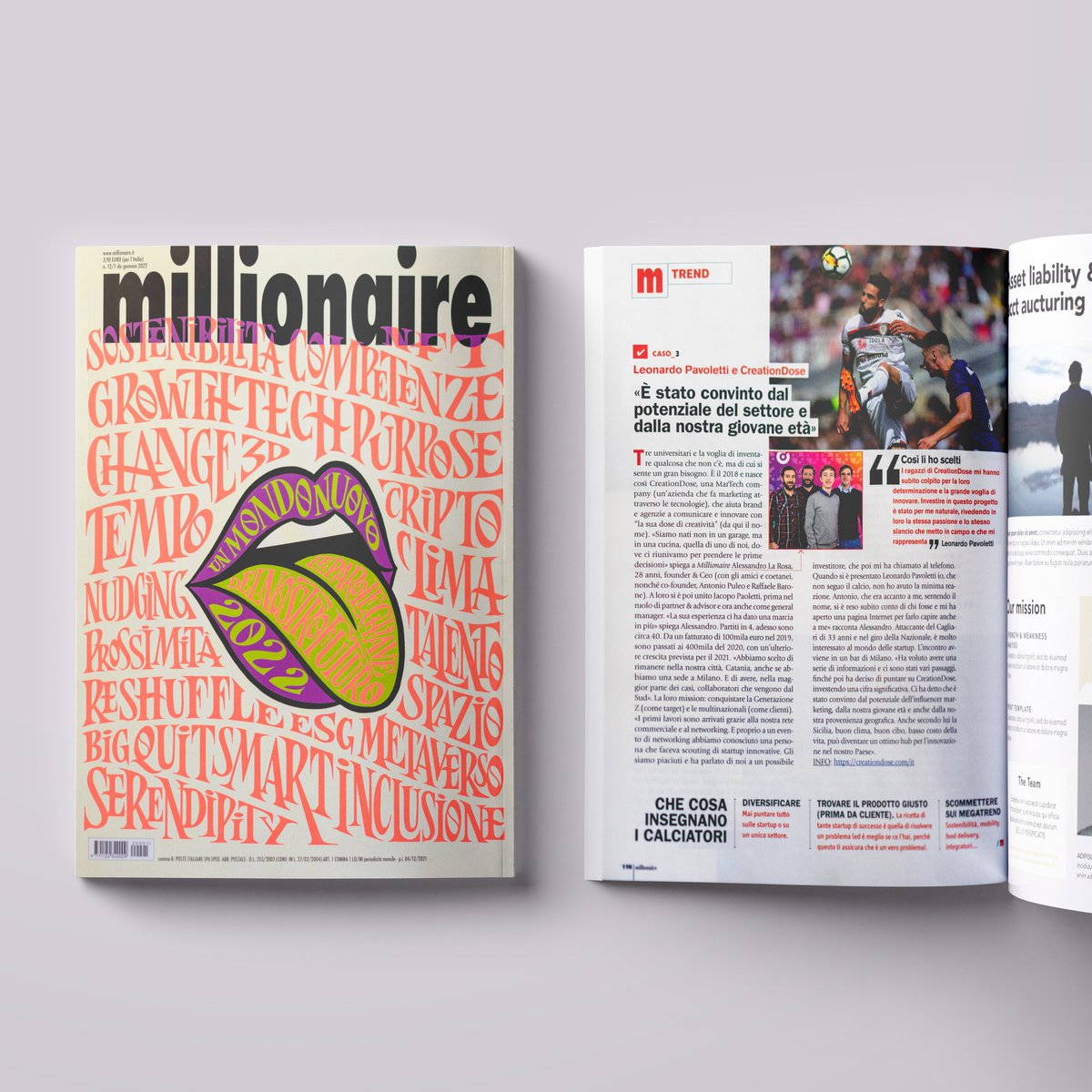 Siamo su <a href="/millionaireit/">Millionaire</a> assieme al nostro socio e calciatore di seria A <a href="/Pavoletti/">Leonardo Pavoletti</a>, per raccontare il nostro percorso di crescita e le scelte che ci hanno portato ad investire in #Sicilia. Se vi va di leggerlo per intero, lo trovate in edicola fino a Gennaio! 🚀
#CreationDose