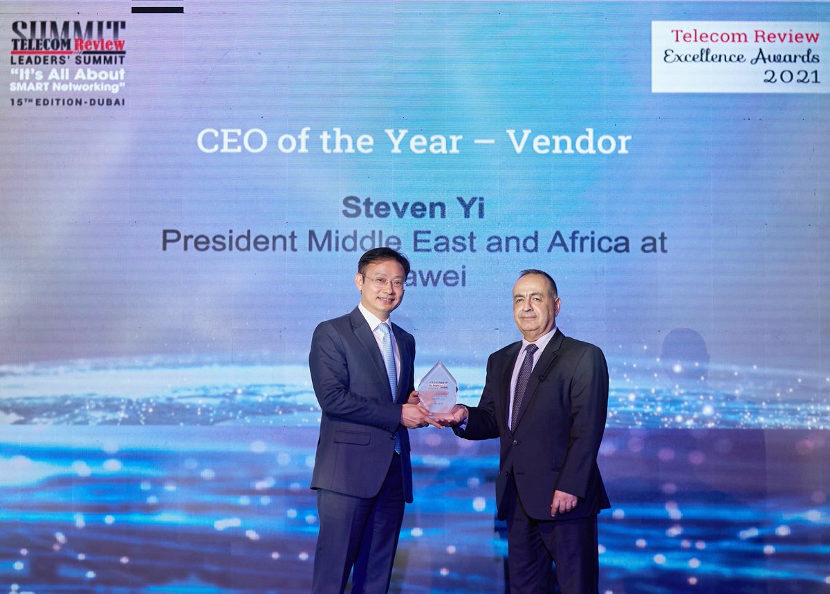 Huawei_StevenYi's tweet photo. I’m honored to receive the CEO of the Year Award at  Telecom Review Leaders’ Summit 2021. It’s not only an award to myself, but also to the whole company for our dedication and hard work. 
We will keep creating values for our customers and partners in 2022! @TelecomReviewME https://t.co/9mVyLs2FZd
