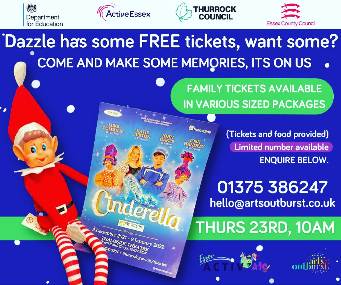 ArtsOutburst's tweet photo. If your child is eligible for benefits based free school meals or part of a family that would benefit from assistance through the holidays, we want to take you to Cinderella @TheThameside @ 10am on 23 Dec @EssexActivAte @thurrockcouncil 

01375386247
hello@artsoutburst.co.uk https://t.co/Wkd3EVwQGJ