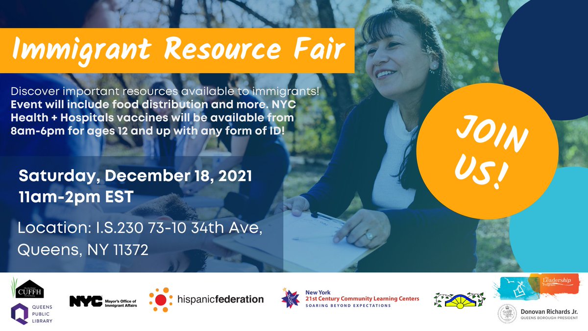 NYCImmigrants's tweet photo. On Saturday, December 18th from 11am-2pm, join us along with @HispanicFed, City agencies, elected officials, and CBO partners for an immigrant resource fair! The @NYCHealthSystem vaccine van will also be set up from 8am-6pm. #supportnotfear #letsgetvaccinated https://t.co/zXdwL7Cv0t