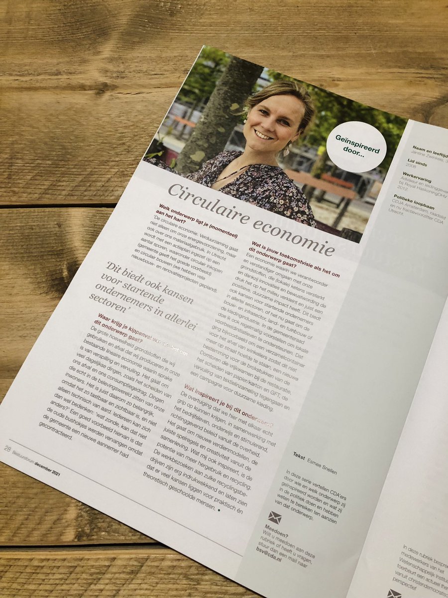 ✍🏻 In het blad van <a href="/CDA_BSV/">CDA Bestuurdersver.</a> mocht ik schrijven over #circulaire #economie♻️ 

▶️ Minder verspilling, meer hergebruik 
▶️ Afvalketen beter op orde
▶️ Lokale initiatieven inspireren ons

Dank voor het podium, leuk om voorbeelden uit #utrecht te delen! 
<a href="/CDAUtrecht/">CDA Utrecht</a> <a href="/cdavandaag/">CDA</a> #CDA