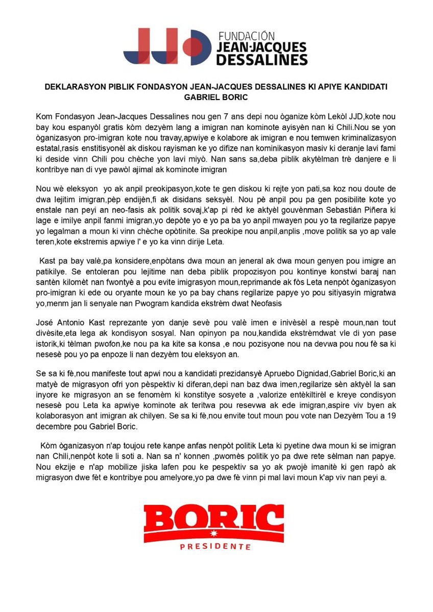 escuelaJJD's tweet photo. ATENCIÓN 📢📢📢 Compartimos con ustedes este comunicado, explicando nuestras razones para apoyar la candidatura de @gabrielboric para las Elecciones Presidenciales de este 19 de diciembre. https://t.co/2RDppIHpLH