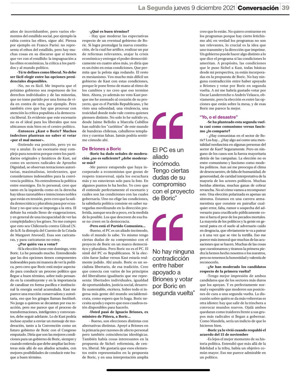 Comparto entrevista publicada hoy en <a href="/La_Segunda/">laSegunda</a> sobre la segunda vuelta presidencial y el dilema de los liberales (link para suscriptores digital.lasegunda.com/mobile#2021/12…)