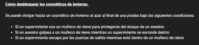 DBDInfoEs's tweet photo. Cómo desbloquear cosméticos de invierno en el evento:
#dbd #dbdinfo #deadbydaylight #dbdleaks https://t.co/Lf66dF8rnH