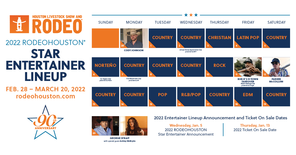 We're so excited to release our Genre Calendar for the 2022 Rodeo! Give us your guesses on who you think will perform on these nights?! 🤩

Stay tuned for the lineup drop on Jan. 5, 2022 at 7 p.m.! Tickets go on sale Jan. 13, 2022 on rodeohouston.com!