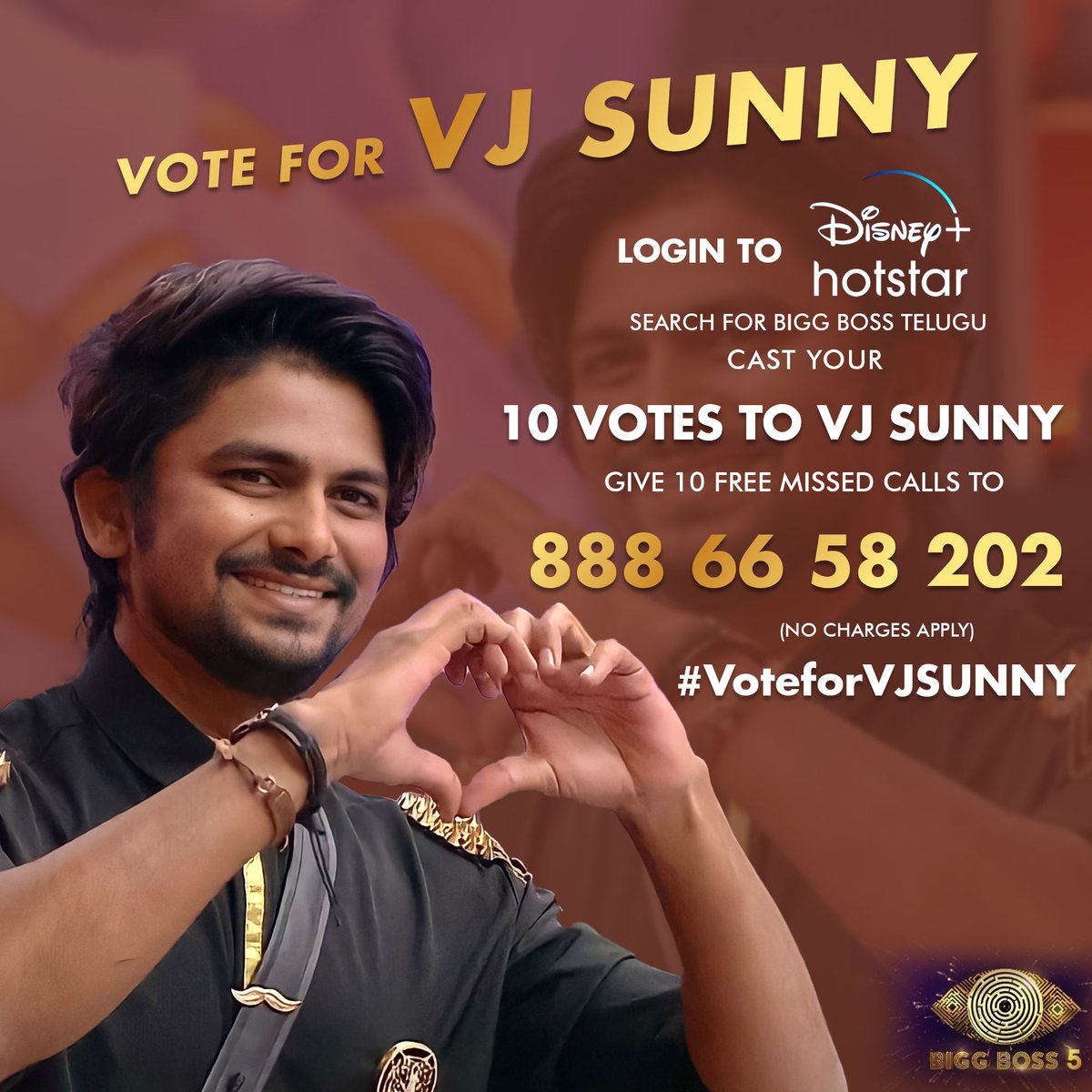 VJSunnyOfficial's tweet photo. Please support VJ SUNNY

Login to Disney + Hotstar APP
Search for BIGG BOSS TELUGU
CAST YOUR VOTE FOR SUNNY(10 Votes)

GIVE 10 MISSED CALLS TO 8886658202

#iamvjsunny #vjsunny #biggboss5 #biggbossseason5 #biggbossofficial #BiggBossTelugu5 https://t.co/siWILXrjfL