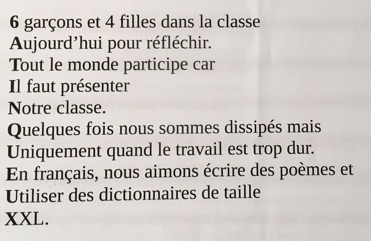 #EQ39 #Twoulipo Et voici l’acrostiche de la classe de 6A du Collège de Tinqueux.