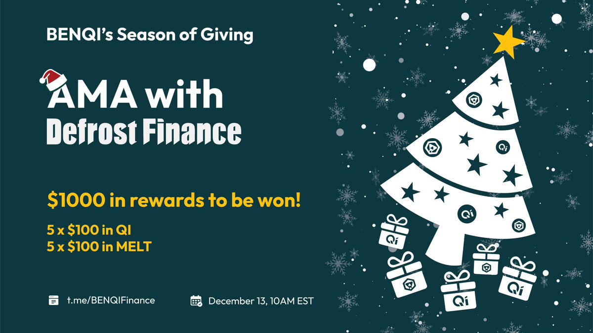 🥳 We'll be hosting an AMA with <a href="/Defrost_Finance/">Defrost Finance 🔺</a>, with up to $1000 in rewards to be won!

5 x $100 worth of $QI will be given out to randomly selected community members. 

All you have to do is:

🎁 Follow <a href="/BenqiFinance/">BENQI🔺</a> and <a href="/Defrost_Finance/">Defrost Finance 🔺</a> 
🎄 RT this Tweet
🎅 Tag 3 friends