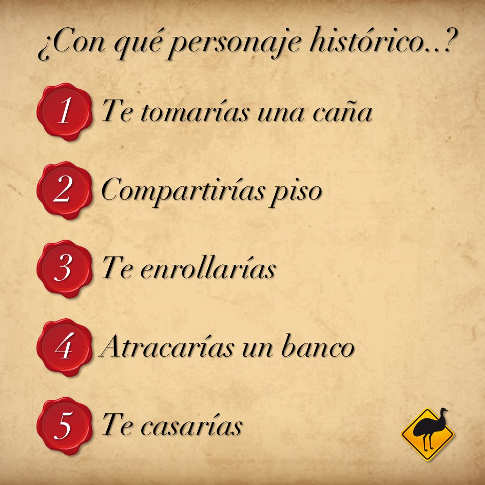 AdAbsurdum's tweet photo. ¡Vamos a jugar!

Cita este tuit indicando con qué personaje histórico...

1. Te tomarías una caña

2. Compartirías piso

3. Te enrollarías

4. Atracarías un banco

5. Te casarías https://t.co/ivrJI3IQHs