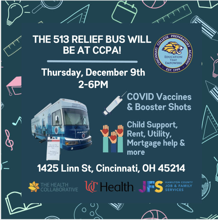 513Relief's tweet photo. Come out to CCPA today from 2-6pm to take advantage of the resources the #513reliefbus is bringing to you, for free!
@hamcohealth will be offering free covid vaccines & booster shots. @hamiltoncojfs will be on site for direct assistance.
We hope to see you in two hours! ☺️ https://t.co/1ktY7LziUy