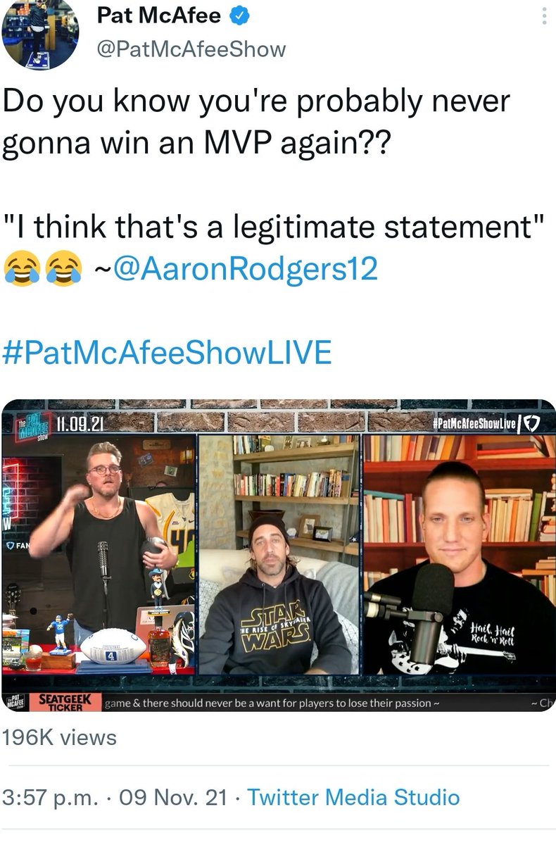 CalcagnoL's tweet photo. @PatMcAfeeShow started watching because Aaron rodgers Tuesday #PMSFANDUELFAMILY https://t.co/fmcW5oWIZ7