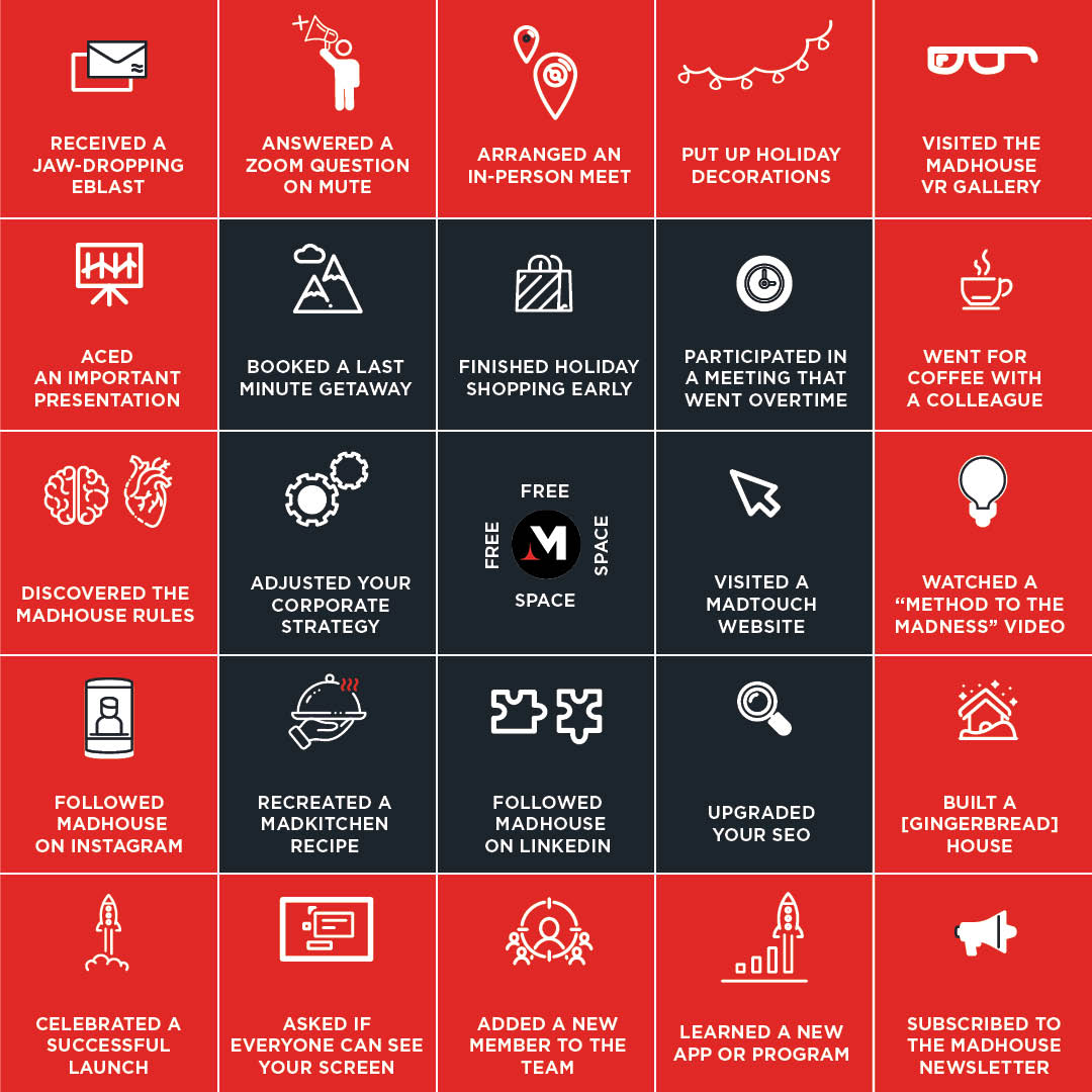MadhouseAD's tweet photo. It’s time for some Madhouse year-end bingo! It’s been a year of big successes, impactful meetings, and lots of exciting Madhouse updates and additions. How many spots did you cross off? Did you win Madhouse bingo? https://t.co/GwRrvrMXuS