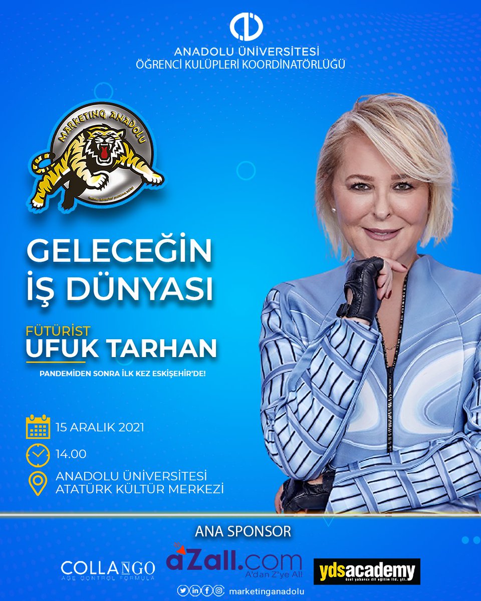 Marketing Anadolu Kulübü, dönemin yüz yüze etkinliklerine ara vermeden devam ediyor!🐯❤️

Sizler için hızını kesmeyen Marketing Anadolu Ailesi, Geleceğin İş Dünyası etkinliğiyle sizlerle buluşuyor!🐯
Tedx Konuşmacısı, Fütürist "Ufuk Tarhan" 15 Aralık'da bizlerle olacak!💛
