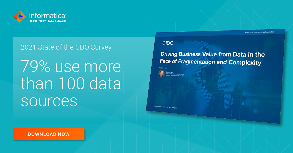 Informatica's tweet image. #ChiefDataOfficers' biggest challenge in 2022? #DataFragmentation. 
Learn how to overcome this and be successful with your data-led #digitaltransformation by downloading our new global State of the #CDO Survey with @IDC.
 infa.media/3pFUYL4