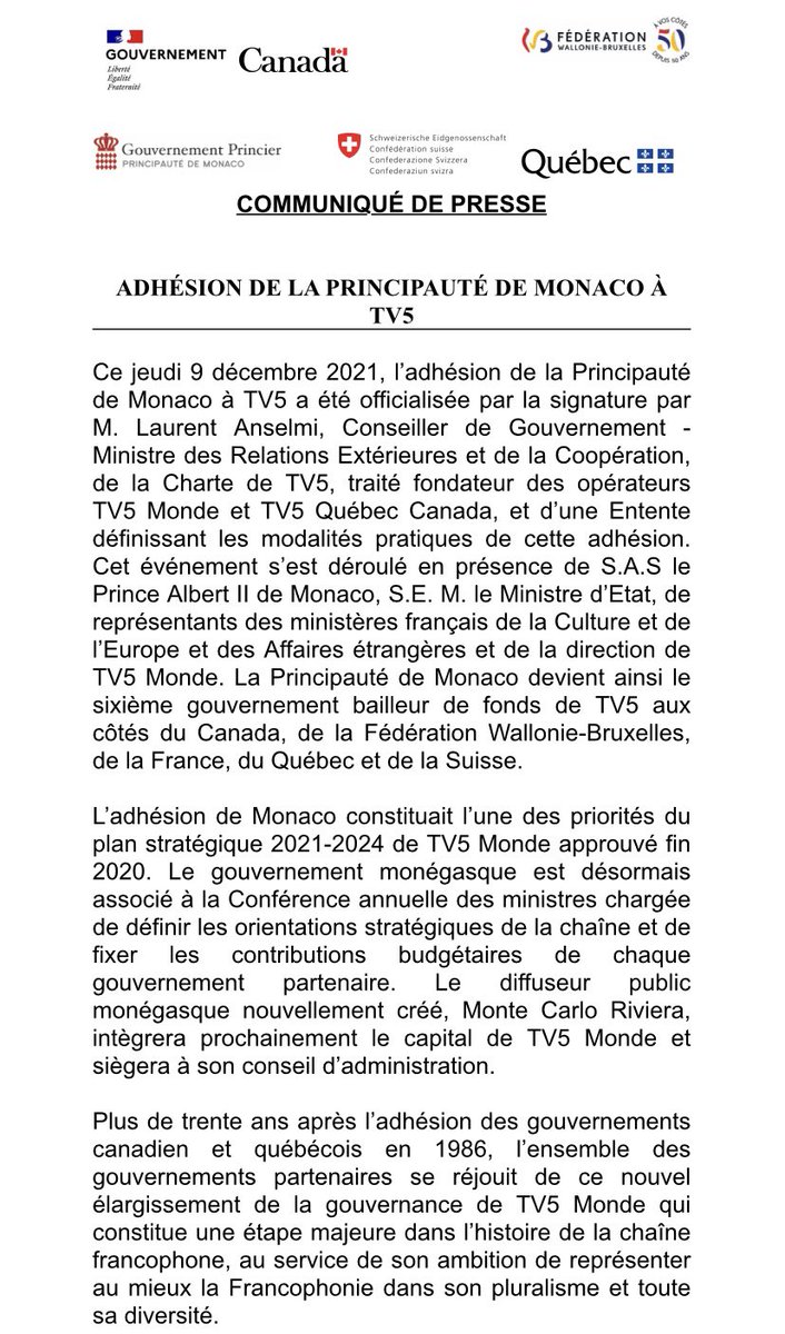 🔴🇮🇩Adhésion de la principauté de #Monaco à <a href="/TV5MONDE/">TV5MONDE</a>. 
La Principauté devient officiellement le 6ème gouvernement bailleur de fonds de TV5MONDE aux côtés du Canada, de la Fédération Wallonie-Bruxelles, de la France, du Québec et de la Suisse. diplomatie.gouv.fr/fr/dossiers-pa…