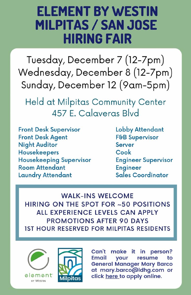 conta.cc/3rLtAhk
Element by Westin Milpitas/San Jose Hiring Fair