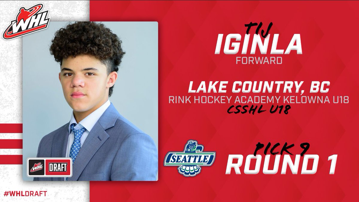 TheWHL's tweet photo. With the ninth-overall pick in the 2021 #WHLDraft, the @SeattleTbirds select forward Tij Iginla of the @rha_kelowna https://t.co/kEivAZEAzq