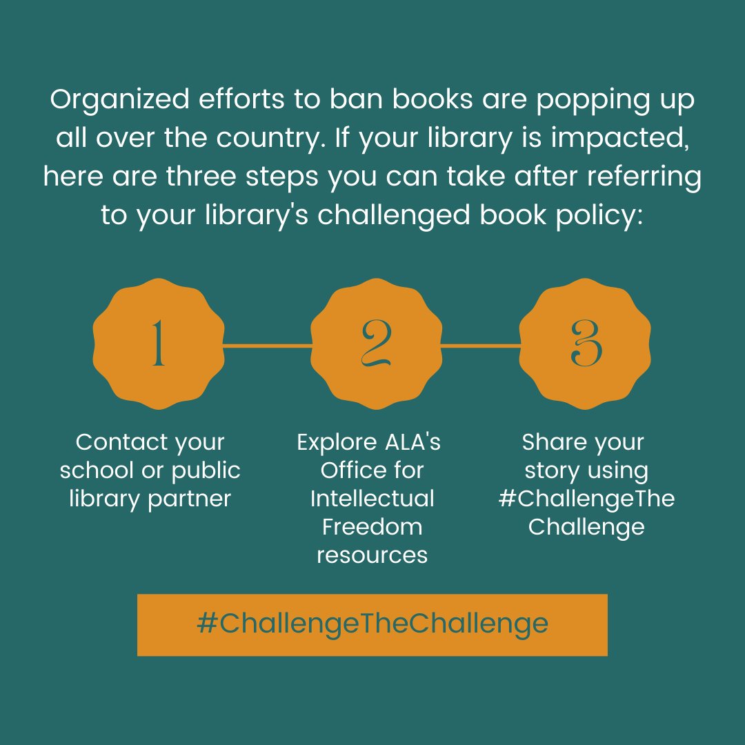 YACNYLA's tweet photo. (1/4) Libraries across the US are seeing a rapid uptick in book challenges. Let's #ChallengetheChallenge using these 3 ways to advocate for your library after following your book challenge protocol: https://t.co/hYVg0yUaW3