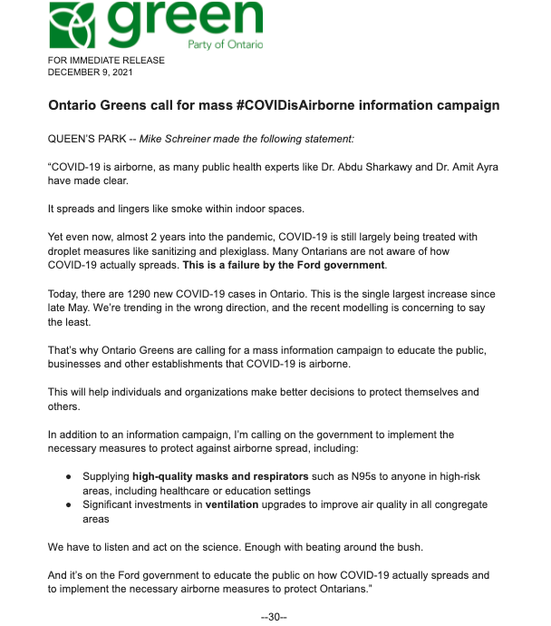 MikeSchreiner's tweet photo. I'm calling on the government to implement a mass #COVIDisAirborne information campaign.

COVID-19 is airborne and we need the appropriate airborne measures like #N95s &amp; #ventilation to protect Ontarians. #onpoli https://t.co/8p7zXxTpsd