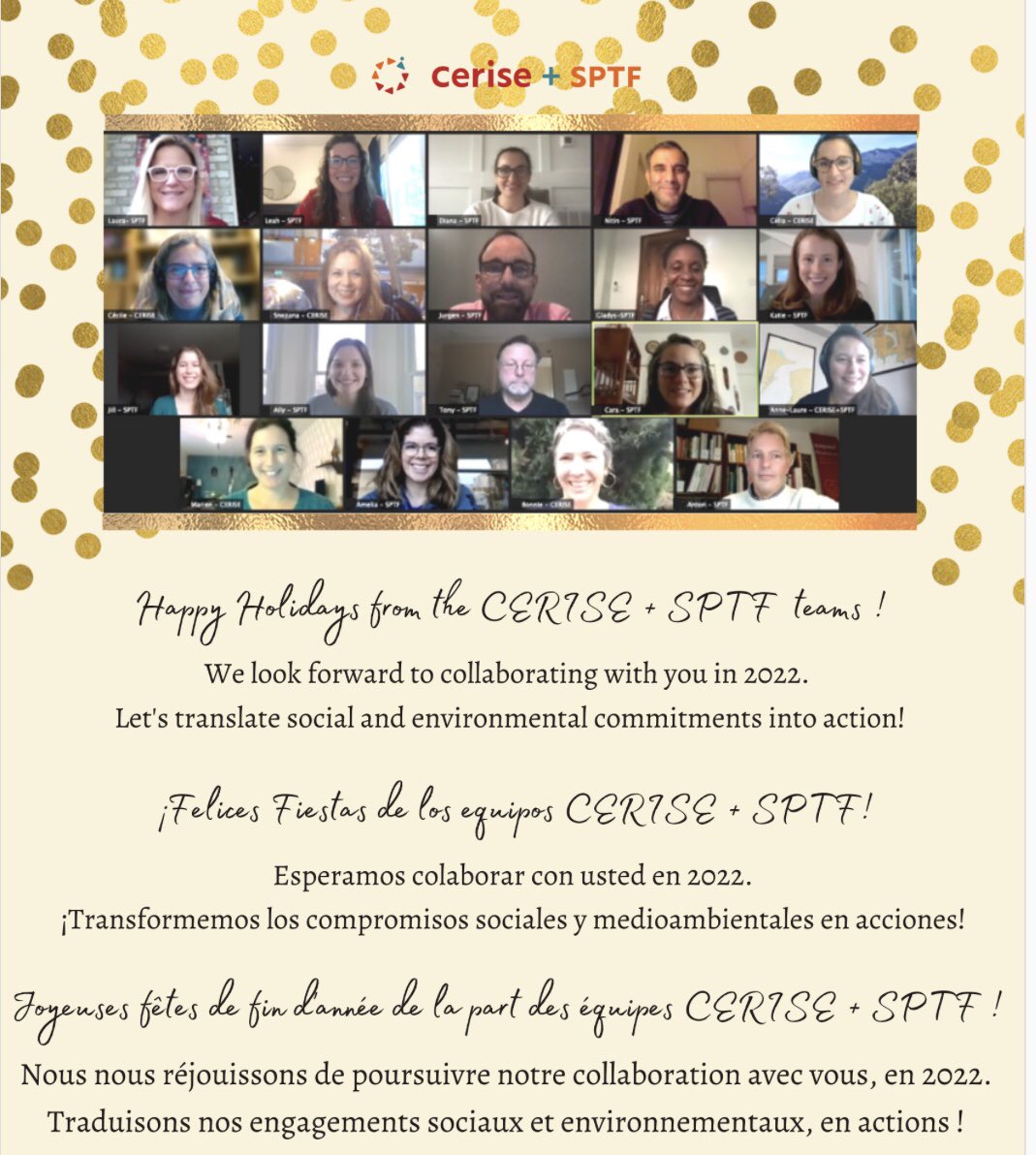 CeriseSptf's tweet photo. Happy Holidays from the @CeriseSPM + @SPTaskForce teams. We look forward to collaborating with you in 2022. Let’s translate social & environmental commitments into action!
#SocialPerformanceManagement
#InclusiveFinance https://t.co/z93GP1FwIi