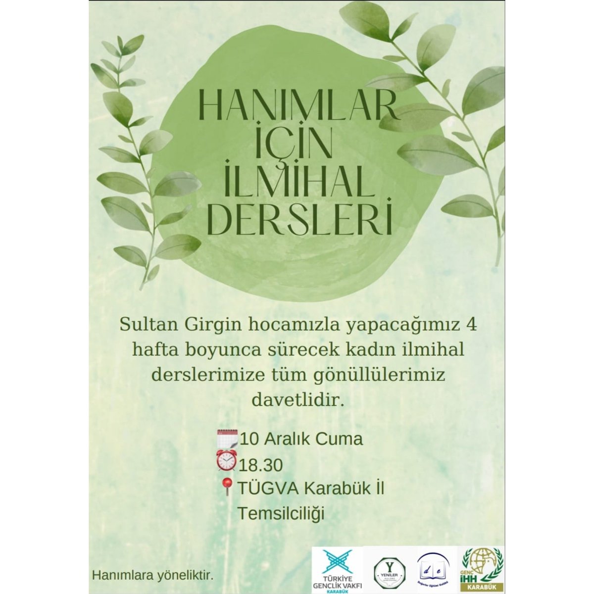 tugva_karabuk's tweet photo. 📌Üniversite Hanım Koordinatörlüğümüz ve Genç İHH Karabük ile birlikte planlanan 4 haftalık Hanımlar için İlmihal Dersleri başlıyor 📚
Derslerimiz Cuma günleri olacaktır.

Adres:100.Yıl Mahallesi / 28 Evler Camii yanı

Tüm hanımlar davetlimizdir 🌿 https://t.co/w57z62WsNx